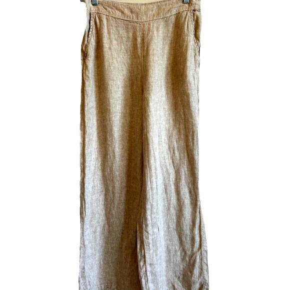100% Linen Pants Khaki Boho Minimal Elastic Waist Coastal Tan Casual Rowley MED - Picture 1 of 10